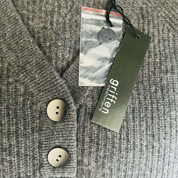 GRIFFEN Cashmere Ribbed Knit Cashmere Raglan Henley Sweater Top, Gray, Large NWT - Picture 7 of 10